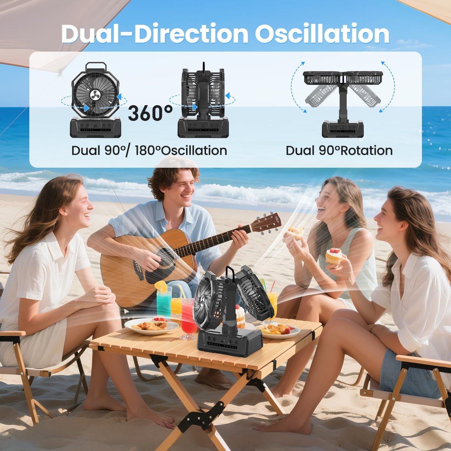 Dual Head Portable Rechargeable Fan 20000mAh Battery Powered Fan Cordless