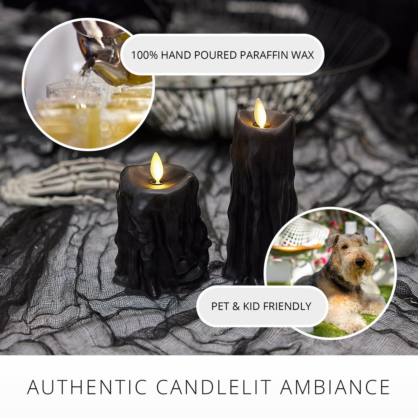 Luminara Heavy Wax Drip Flameless LED Candle, Black 3.4" x 4.5", Timer Function, Real Wax Pillar, Battery Operated Unscented Safe, Long-Lasting