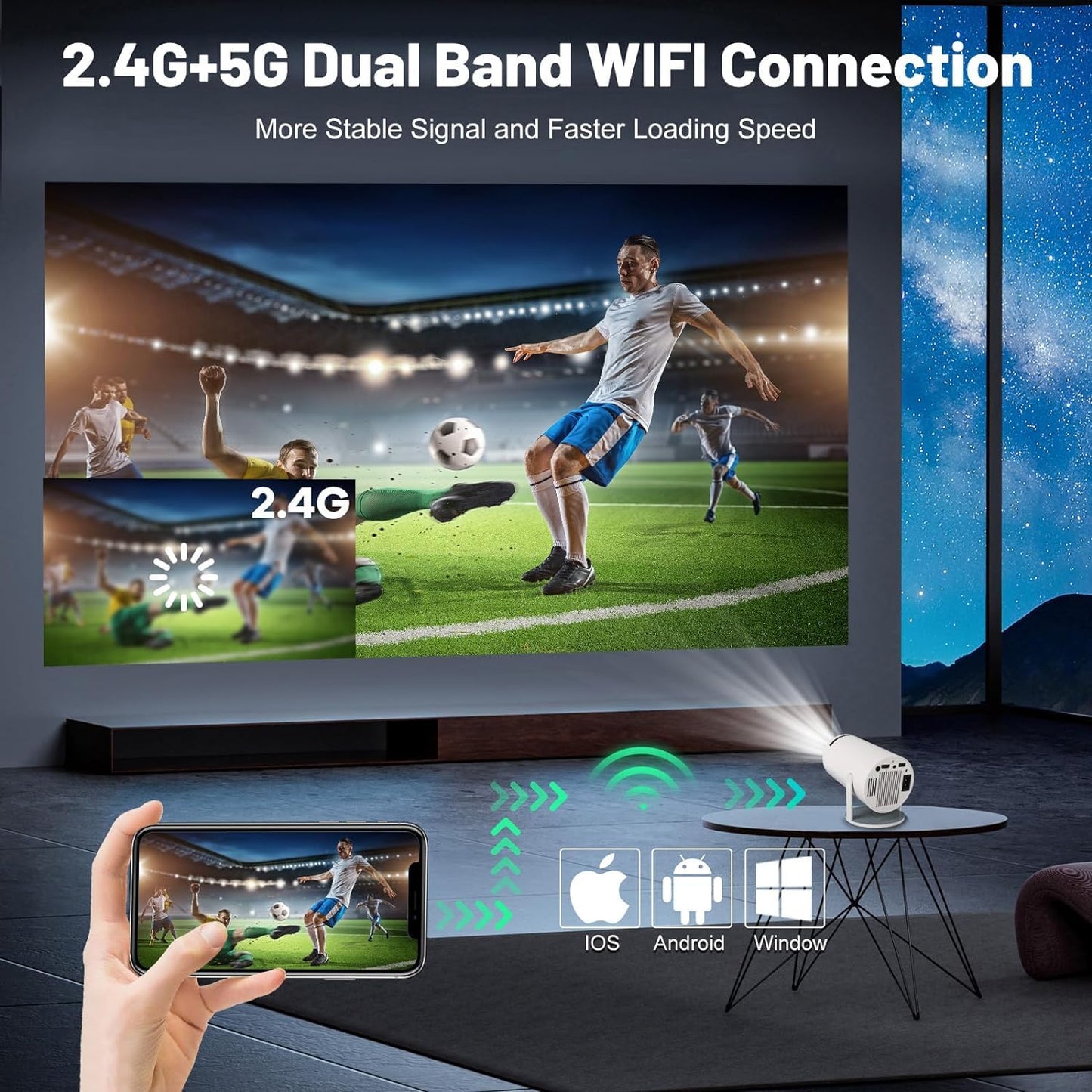 Mini Projector with 5G WIFI and Bluetooth, 4K 1080P Support Portable Projector 180° Rotatable 130'' Screen Movie Projector Auto Keystone Compatible