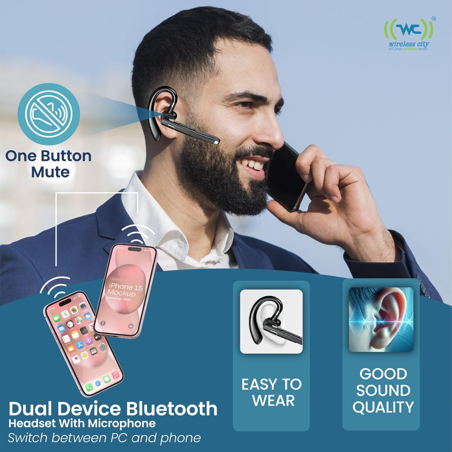 Wireless Bluetooth Headset with Mic, Noise-Cancelling Earpiece with 500mAh Charging Case - Up to 72H Talk Time - Clear HD Sound for Truck Drivers
