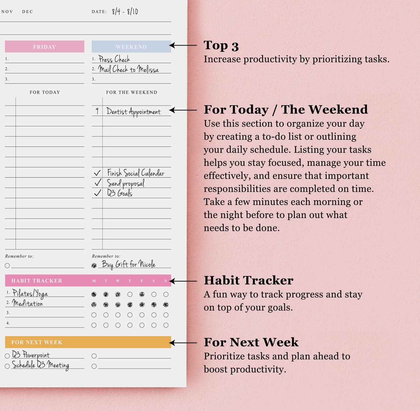 ThreeKin Weekly Planner - Premium 52-Sheet Tear-Off Notepad, 8.5 x 11 inches, Clean Colorful Design, Perfect for Work, School, Projects,