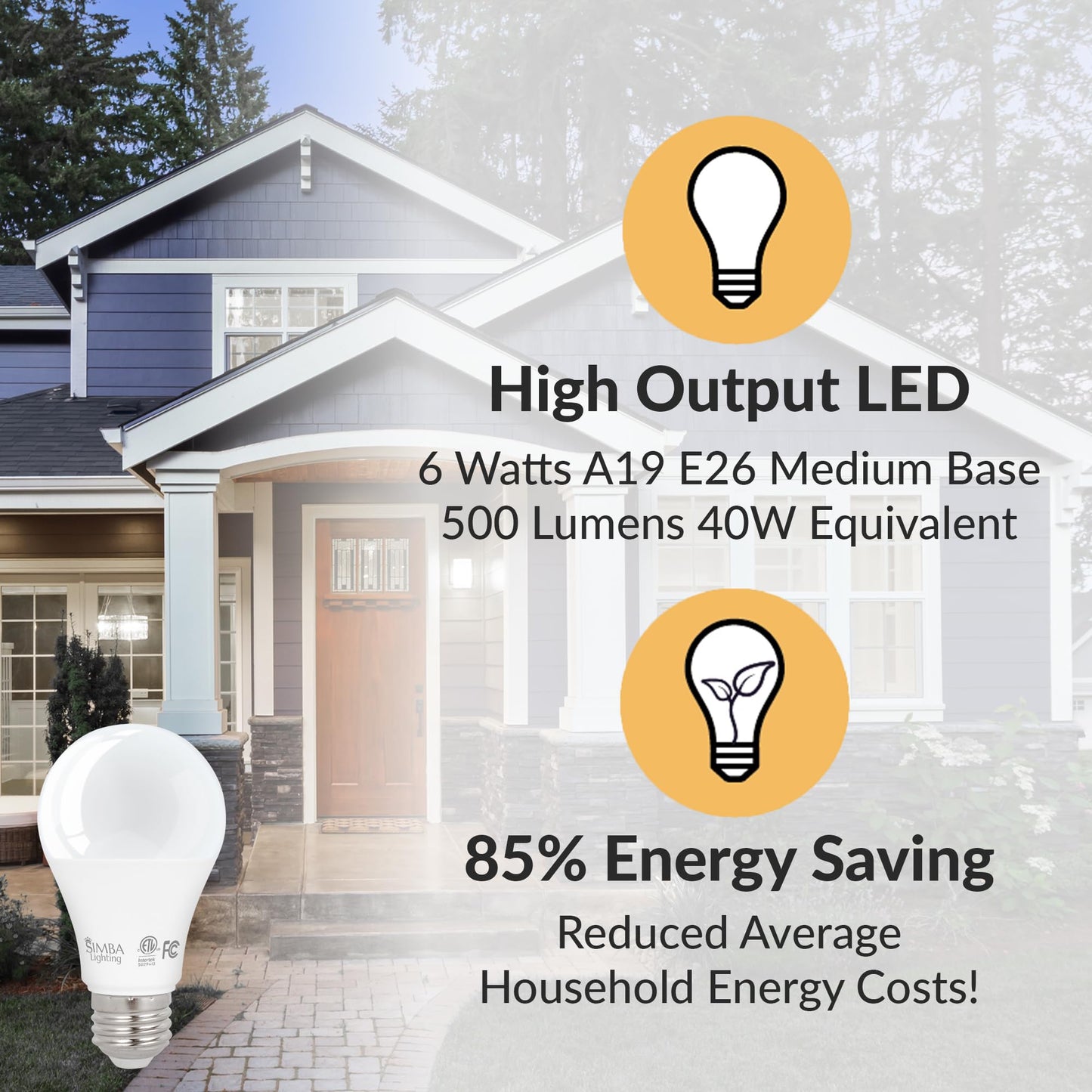 Simba Lighting LED A19 6W 120V ETL Listed Light Bulbs E26, 5000K, 4 Pack