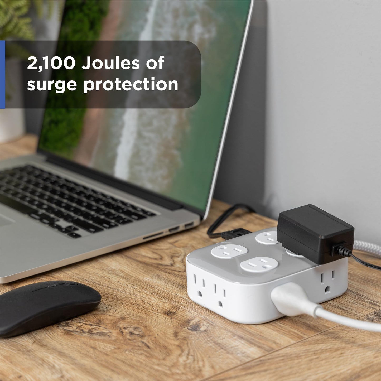 GE UltraPro 10-Outlet Surge Protector, 2100 Joules, 4ft Braided Extension Cord, Flat Plug, Power Strip with Wide-Spaced Outlets, Gray/White, 84860