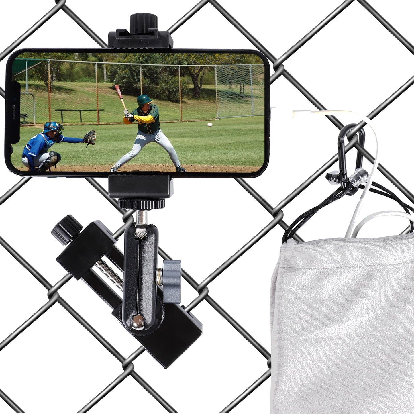 FPN Cell Phone Fence Mount for iPhone, GoPro, Insta360, and Other Action Cameras, Mevo Start for Baseball Softball Tennis Recording, Cameras Net Chain