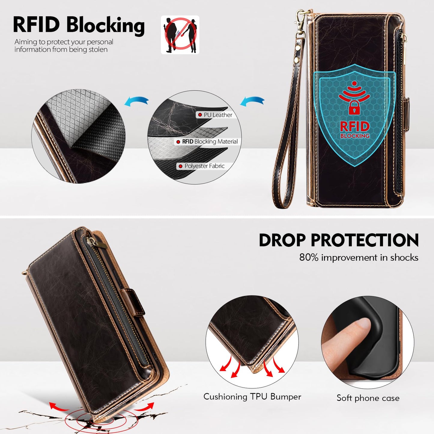 Antsturdy Compatible with iPhone 16 Pro Max Wallet Case,RFID Blocking PU Leather Phone Case Women Men Kickstand flip Cover Wrist Strap Zipper Credit