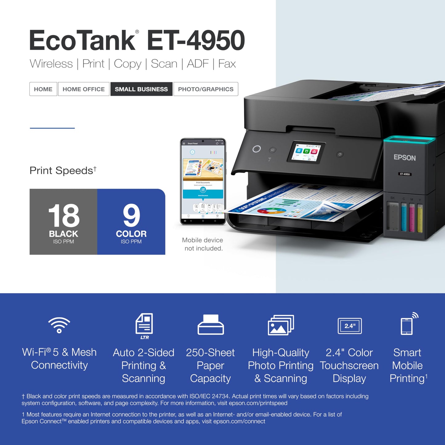 Epson EcoTank ET-4950 Wireless All-in-One Color Supertank Printer with up to 3 Years of Ink, Refillable Tanks, Perfect for Home, 18 PPM, 2.4" Color