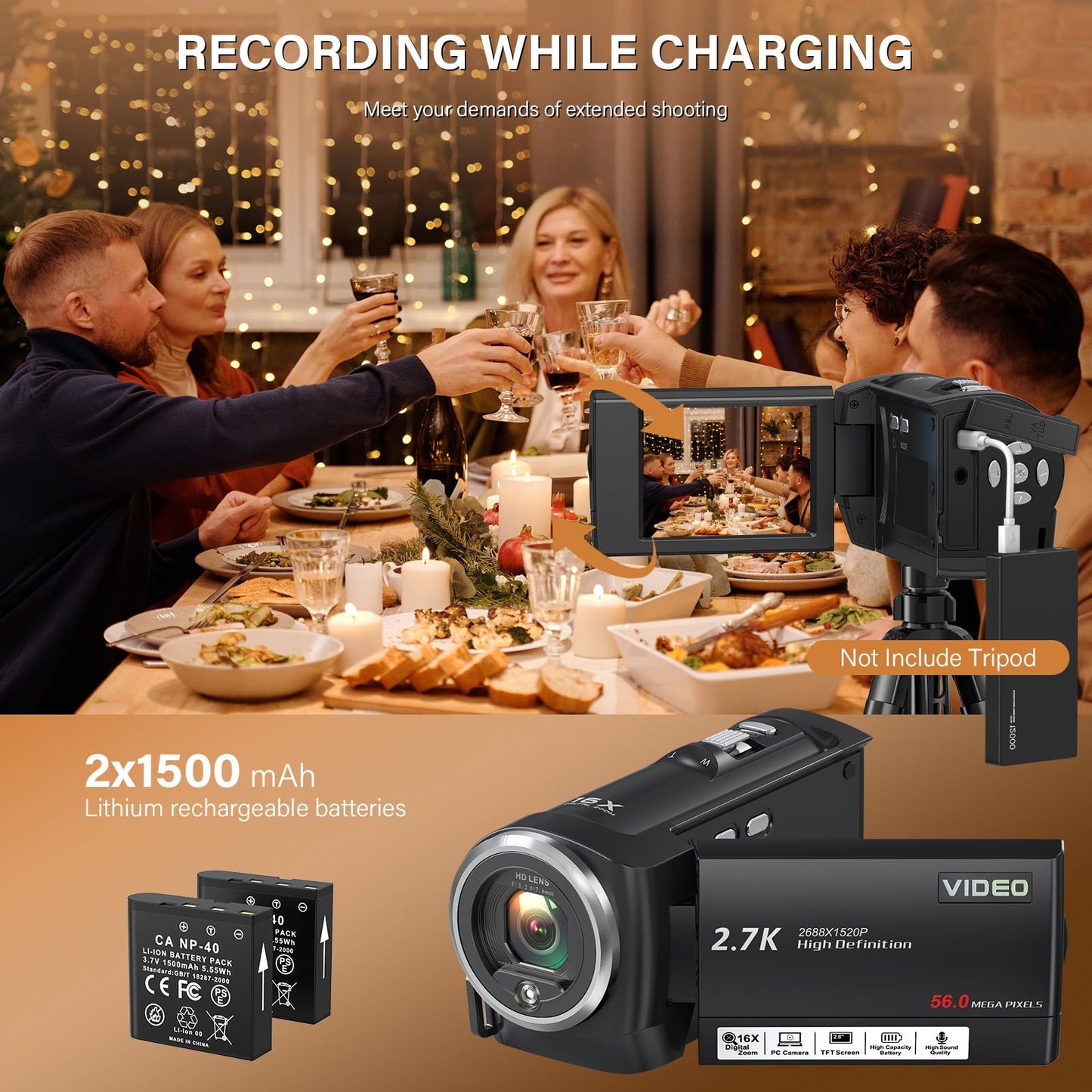 Muitune Camcorder Video Camera QHD 2.7K 56MP 16X Digital Zoom Vlogging Camera with LED Fill Light for YouTube, 2.8 Inch 270 Degree Rotation LCD Screen