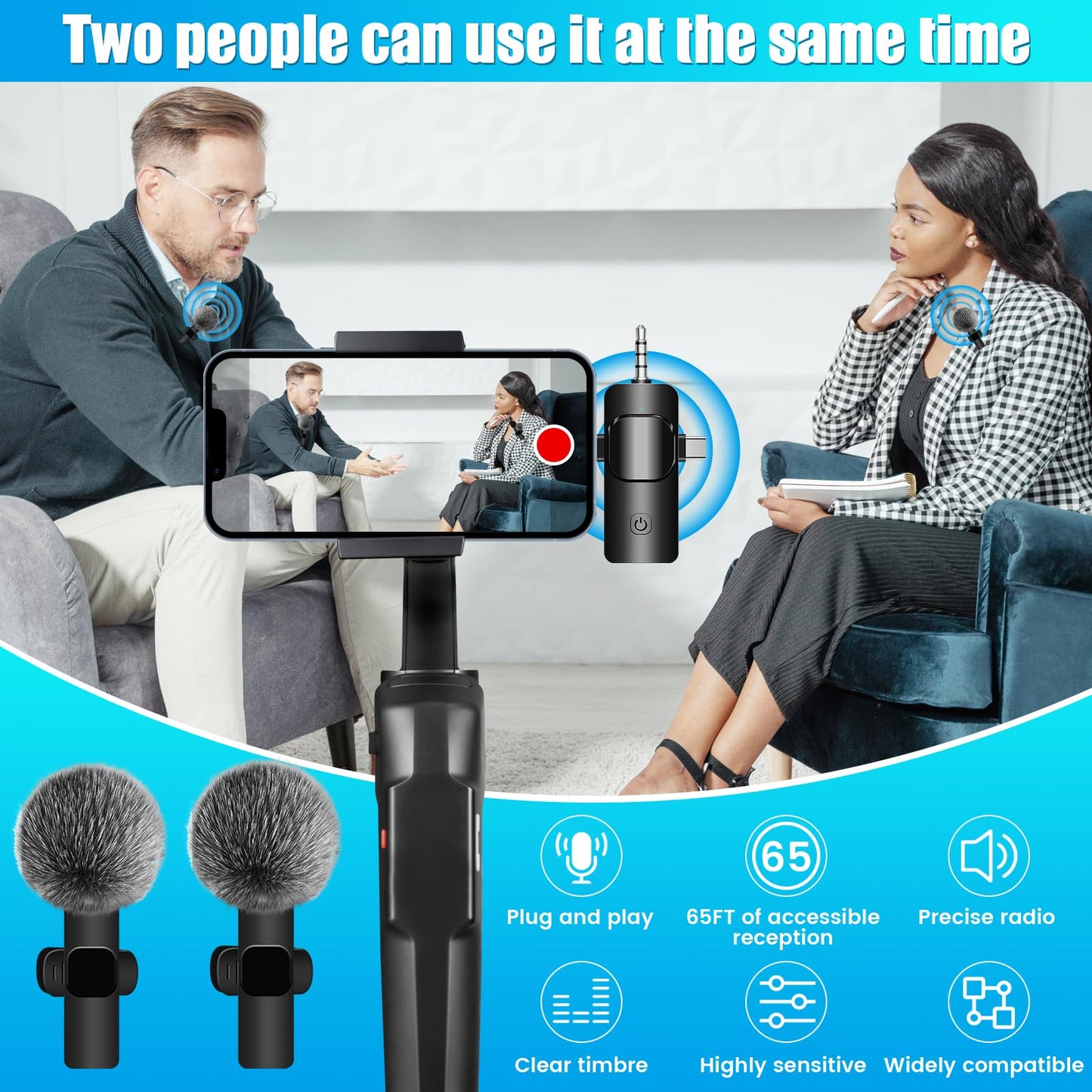 4 in 1 Wireless Lavalier Microphone for iPhone/USB C Android/Camera/Laptop PC,Mini Microphone 2.4G Ultra-Low Delay with Noise Reduction Cordless Lapel