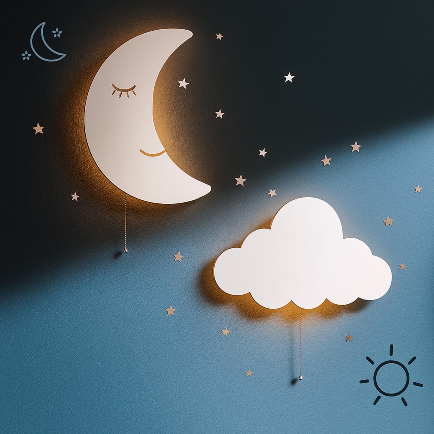 Tip perk 2 Pack Cloud & Moon Lights - Floating Cloud & Moon Wall Lamps for Nursery | Cute Floating Lamps for Kids Bedroom | Battery-Operated Hanging
