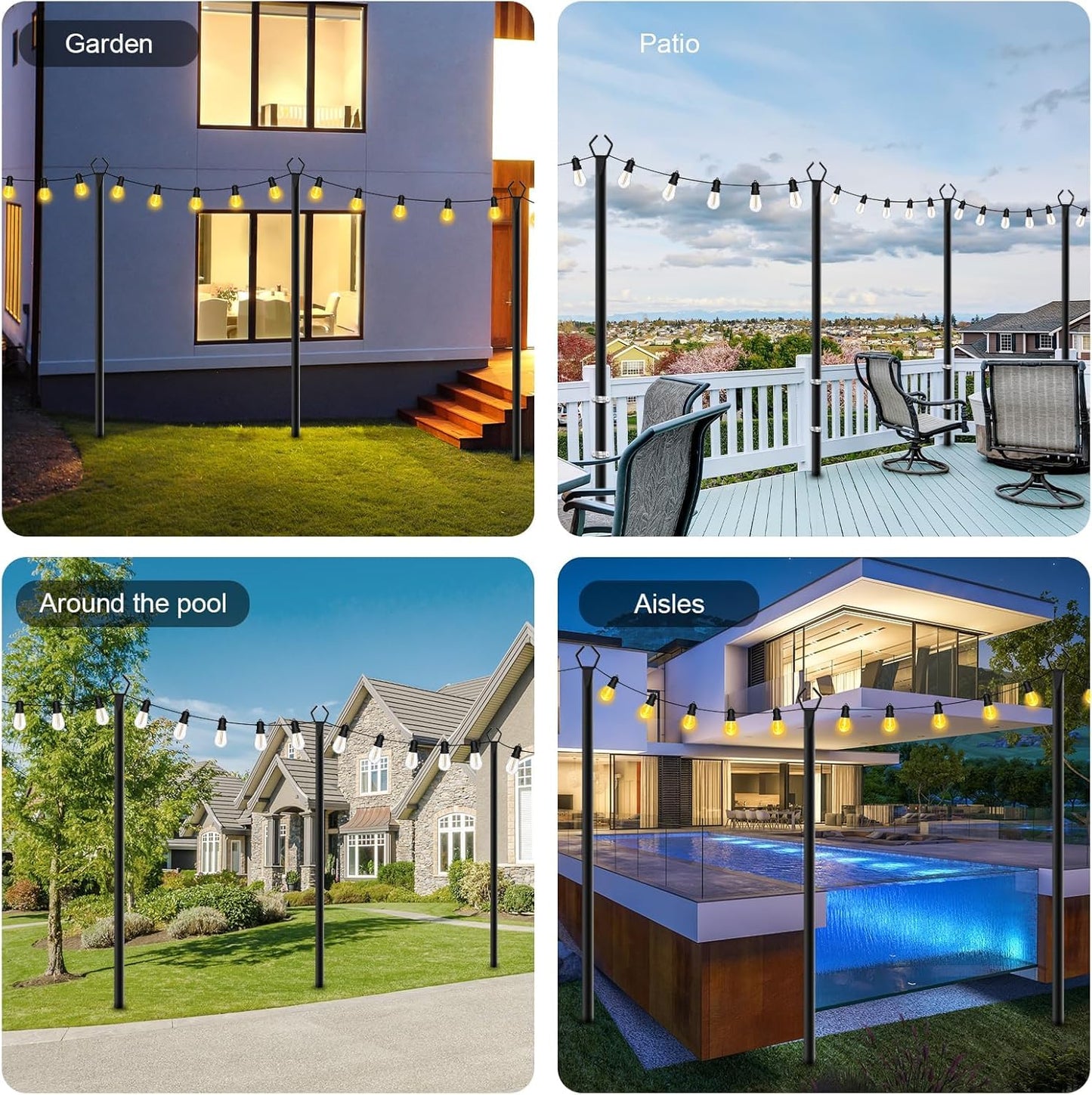 SINLEY 4 Pack String Light Poles,10 Ft Metal Poles with Fork for Outdoor String Lights,Outdoor Light Poles with Fork,Poles/Post/Stand