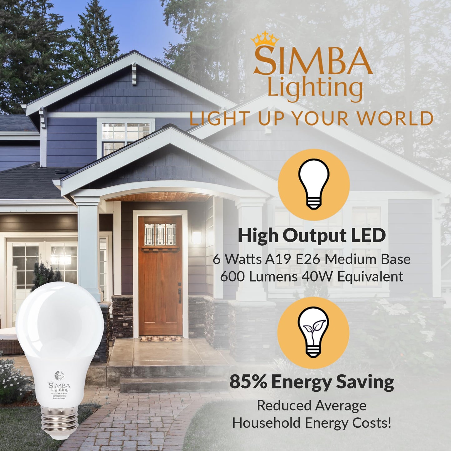 Simba Lighting LED A19 Dusk to Dawn 6W 120V Outdoor Bulbs E26 5000K, 2 Pack
