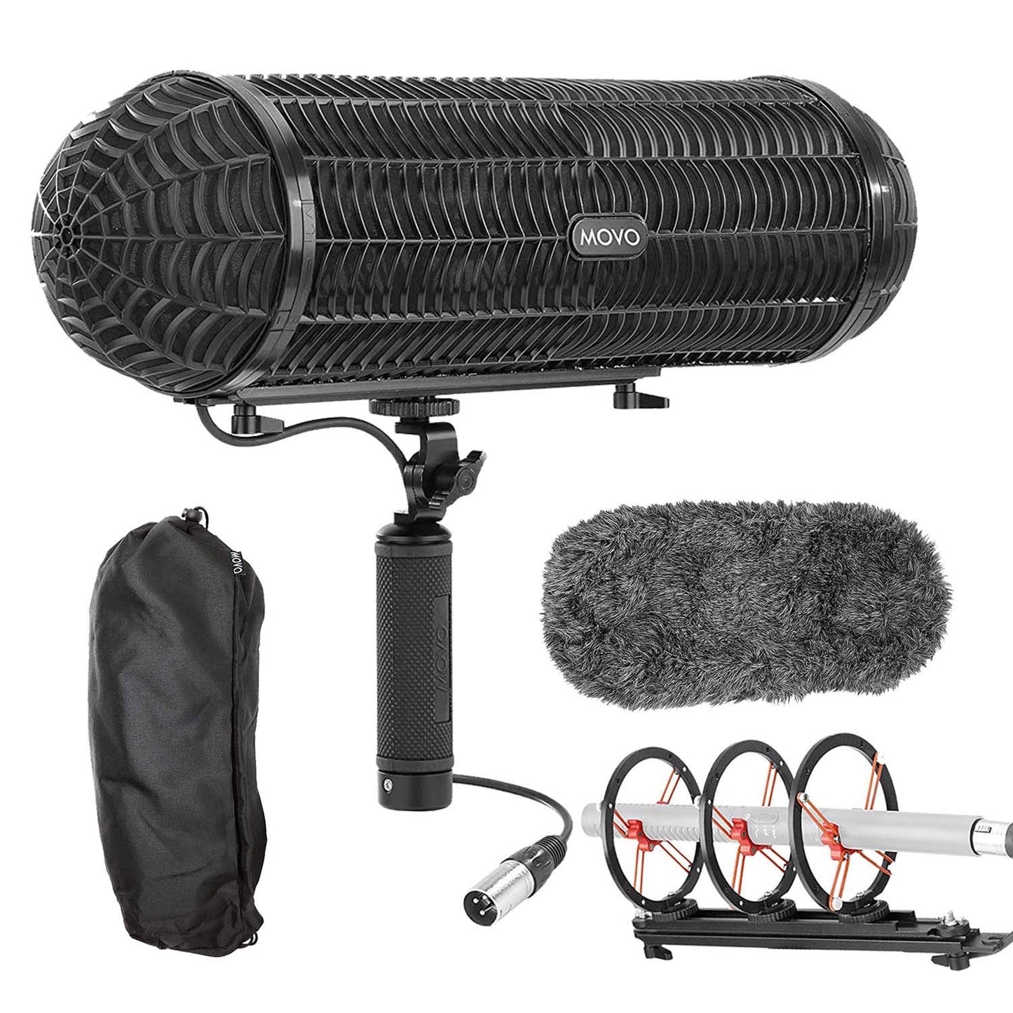 Movo BWS1000 Blimp Wind & Vibration Protection System for Shotgun Microphones - Features 12-point Internal Shockmount, Integrated XLR Cable, Furry
