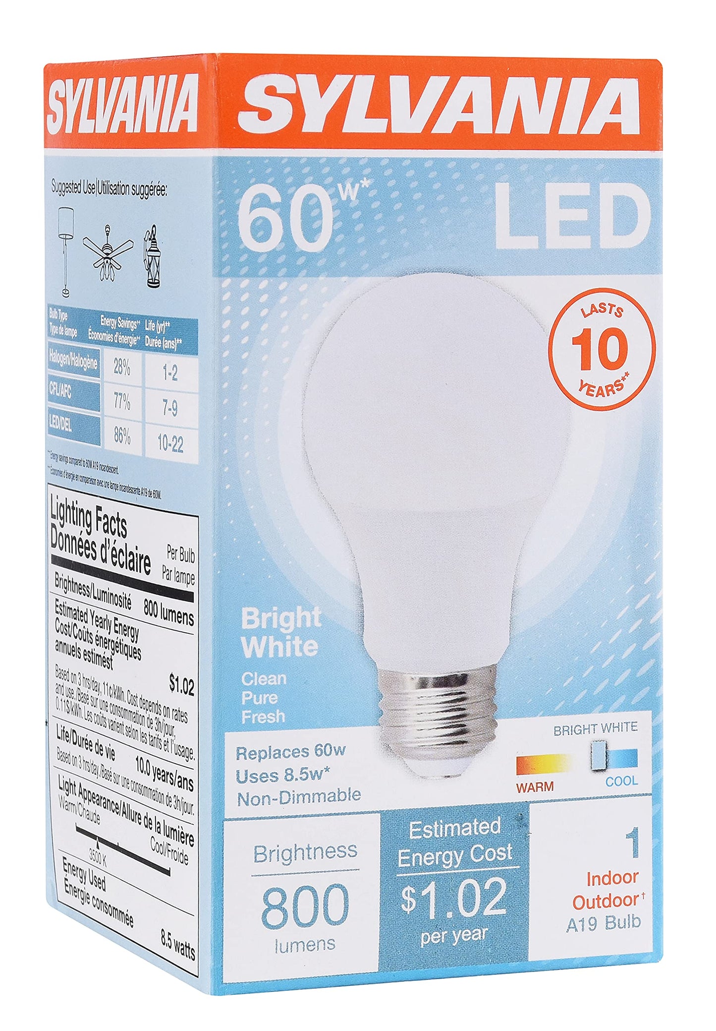 Sylvania LED Light Bulb, 60W Equivalent A19, Efficient 8.5W, Medium Base, Frosted Finish, 800 Lumens, Bright White - 1 Pack (79702)