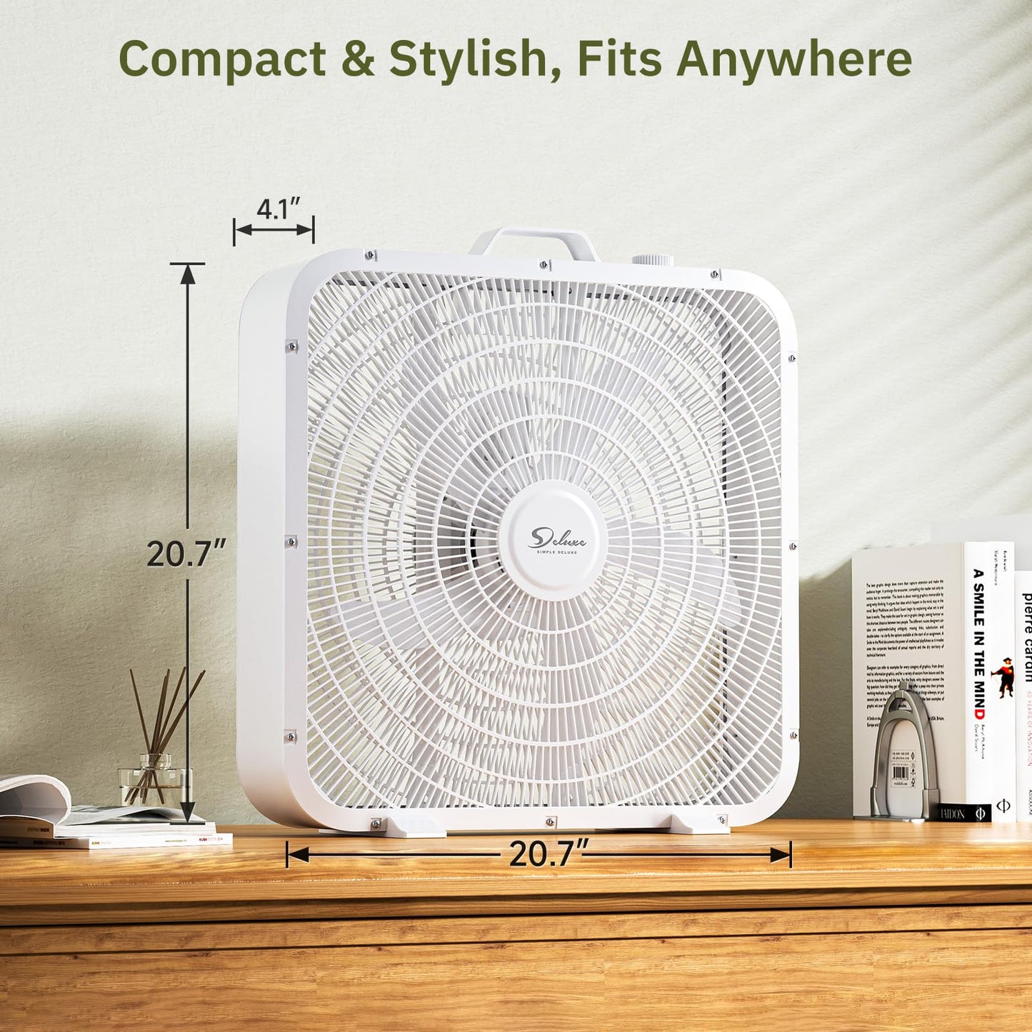 Simple Deluxe 20” Box Fan, 3-Speed Cooling Table Fan with Aerodynamic Shaped Fans Blades, Convenient Carry Handle and Safety Grills, White