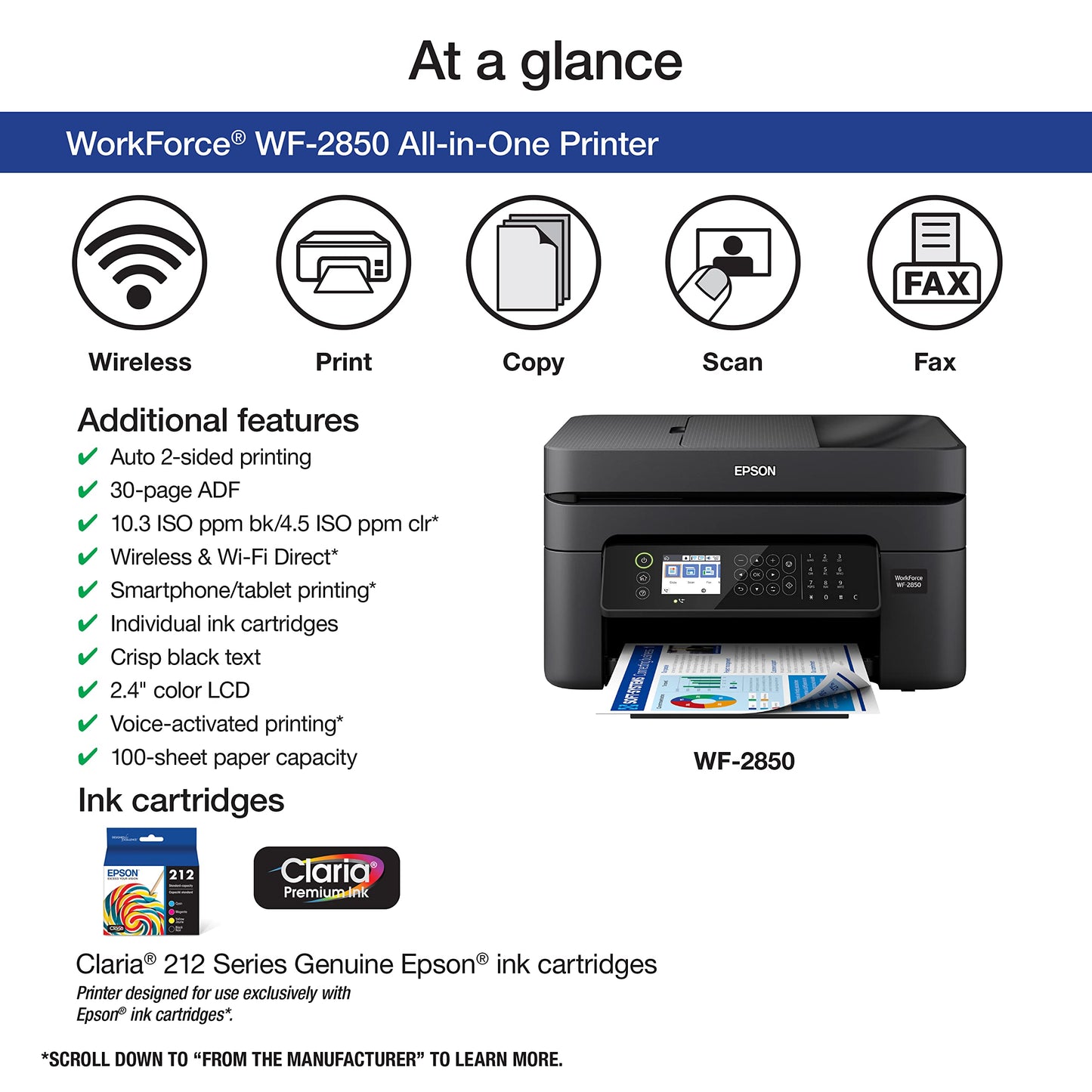 Epson Workforce WF-2850 Wireless All-in-One Printer with Scan, Copy, Fax