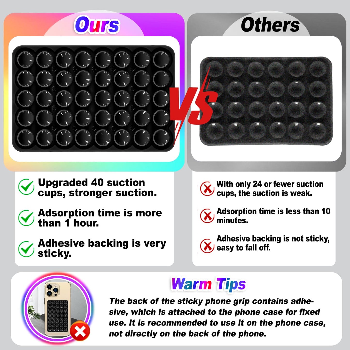 Silicone Sticky Phone Grip, Adhesive Suction Cup Phone Case Mount, Phone Grip with Strong Suction for Cellphone, Non Slip Hands-Free Phone Accessories