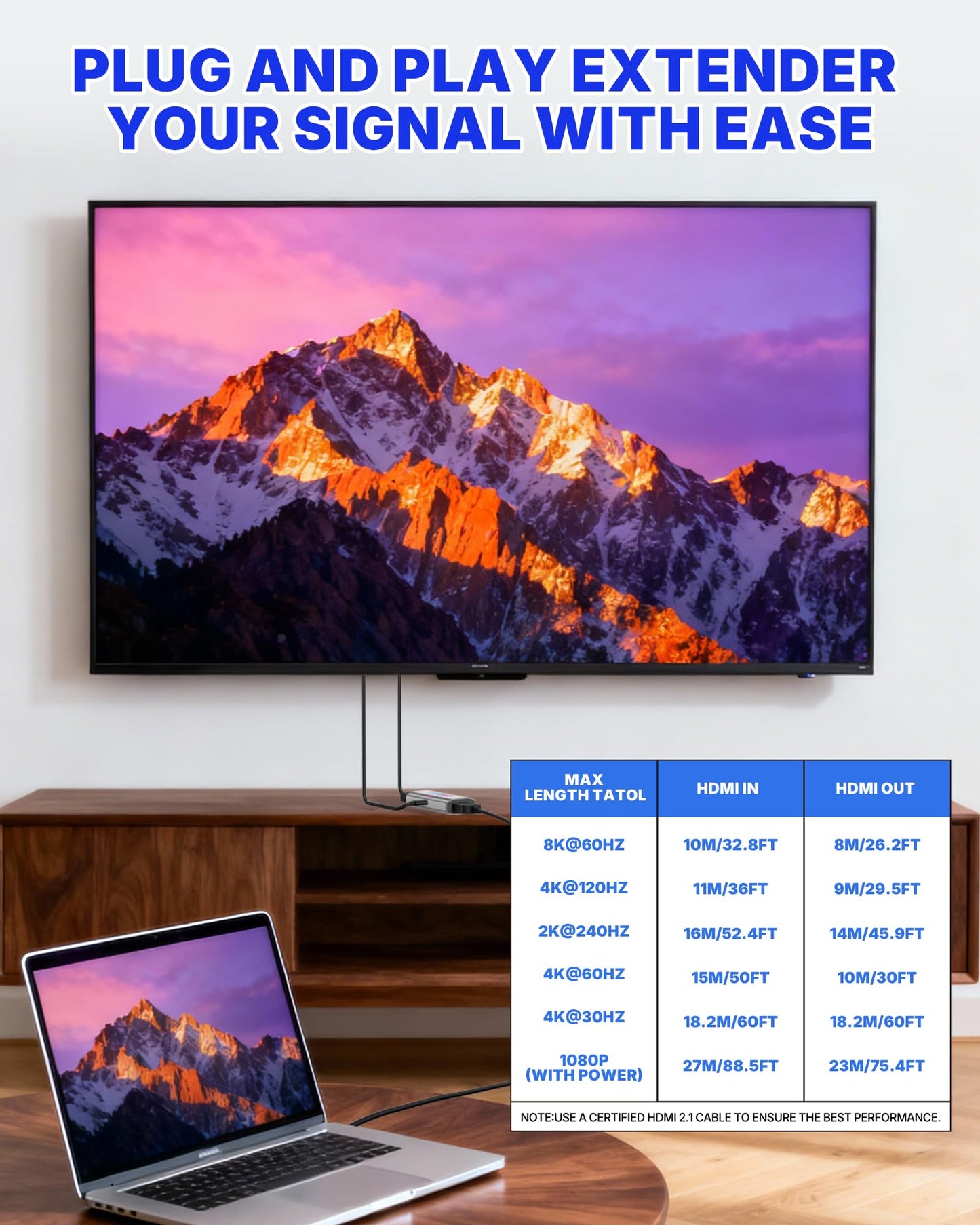 8K HDMI Booster Repeater, Active Signal Amplifier HDMI 2.1 Extender Supports 8K@60Hz / 4K@240Hz, Extends HDMI 1080P Up to 50m for PS5, Xbox Series