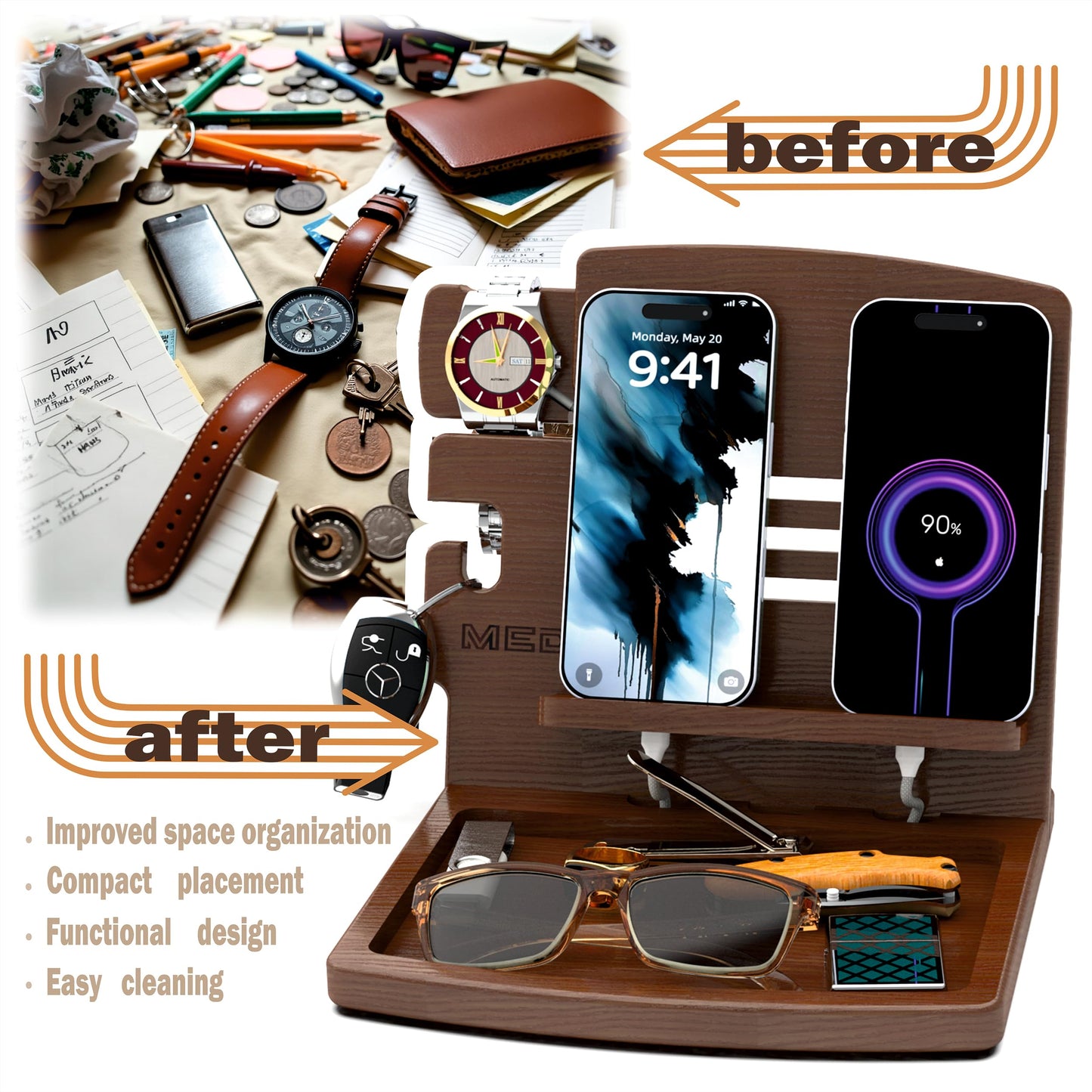 MED Wood Phone Docking Station Nightstand Desk Organizer for Phone, Watch, Wallet & Tablet Gift for Men, Husband, Father's Day, Dad & Women Model 1