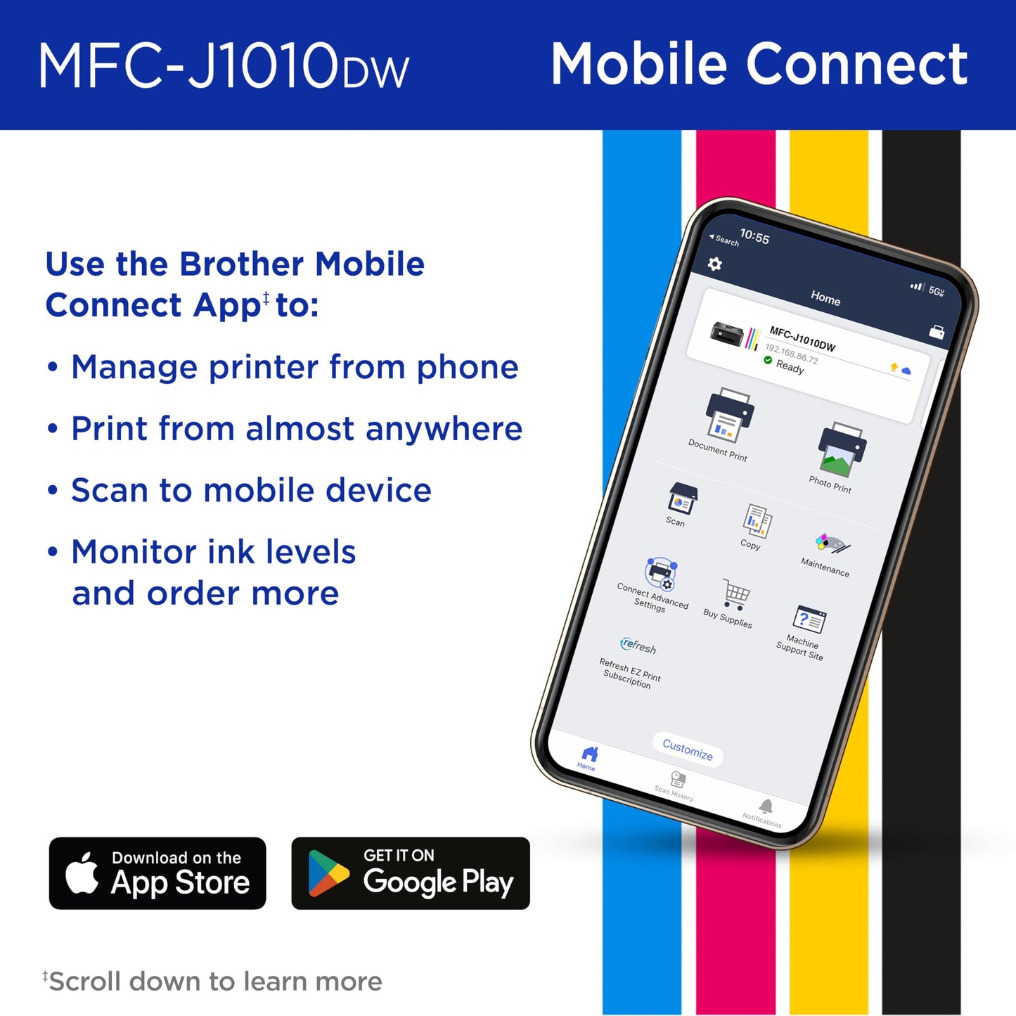 Brother MFC-J1010DW Wireless Color Inkjet All-in-One Printer, Duplex Printing, Mobile & Cloud Print, Compact Design, 1.8" Color Display, Works