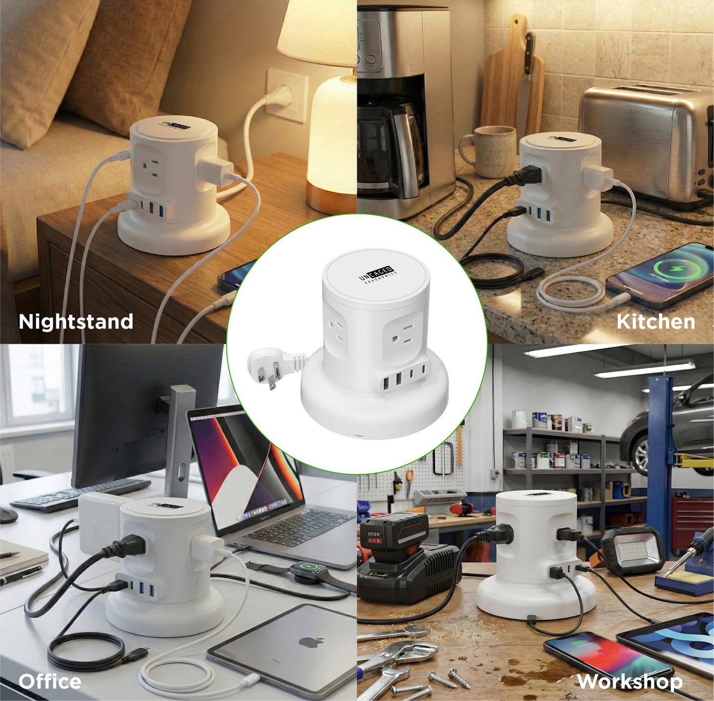 Uncaged Ergonomics Retractable Power Strip with USB Ports, Surge Protector with USB C Ports Fast Charging, Auto Retracting Cord Compact Desktop