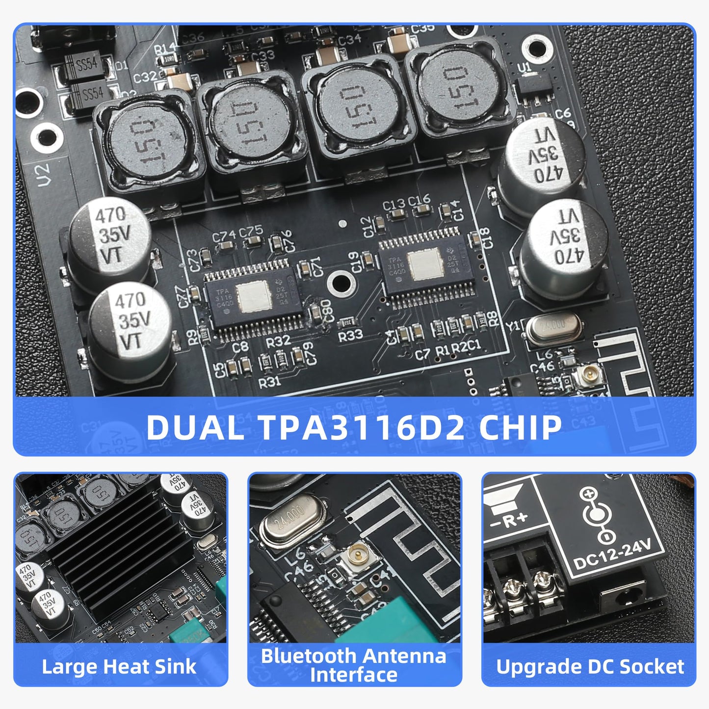 ZK-1002T 2.0 Channel Bluetooth Amplifier Board 100W+100W TPA3116 Hi-Fi Stereo Amp with Antenna, Bluetooth and AUX Input for DIY Home Audio