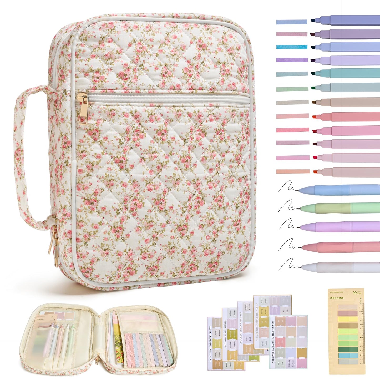 Bible Cover Case for Women Bible Bag Cover with Durable Handle Quilted Bible Carrying Case for Girls Bible Study Supplies Accessories (Siamese Rose)