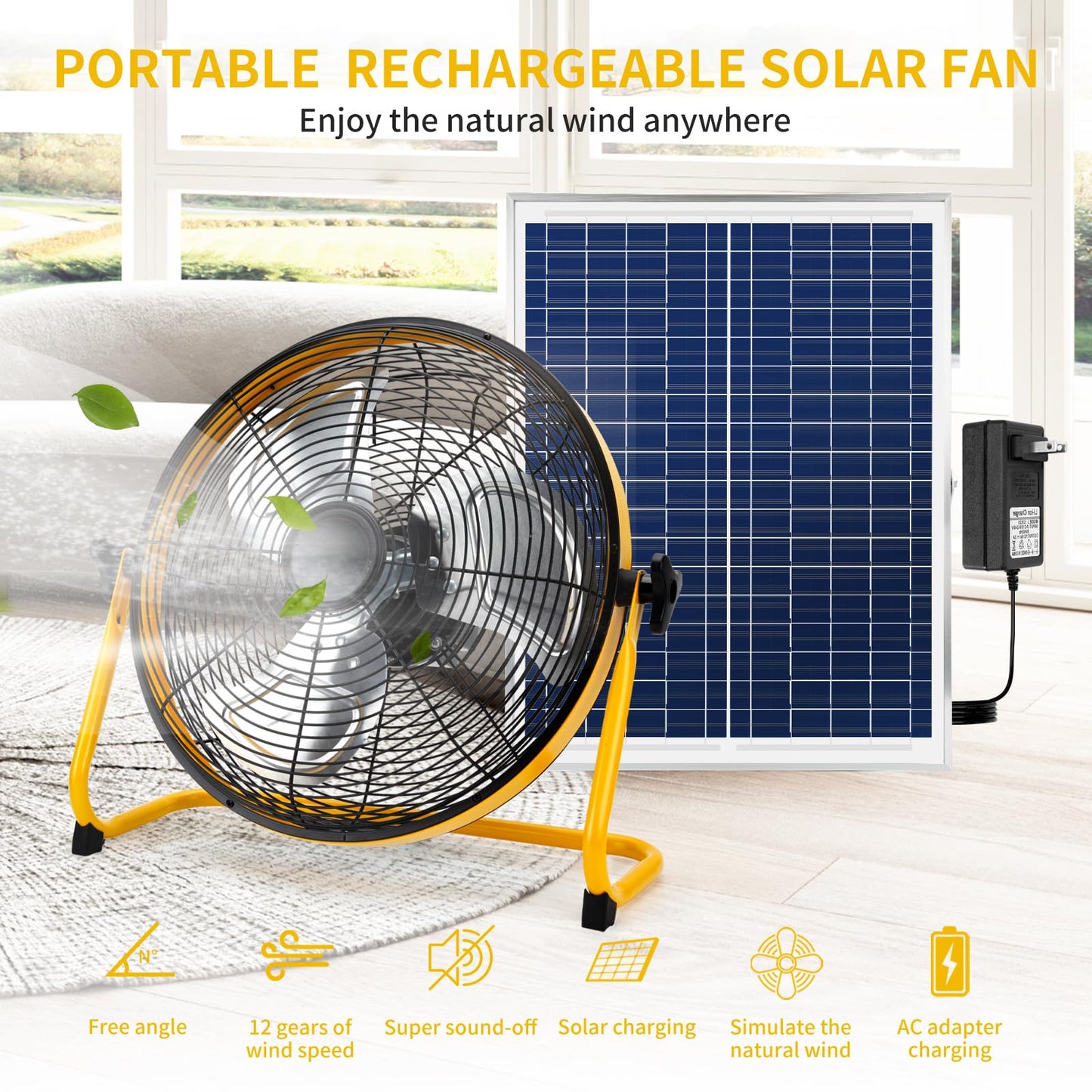 CYBERDAX Solar Powered Rechargeable Fan 16", Whisper Quiet 15dB, 50Hr Runtime for Home Office Camping
