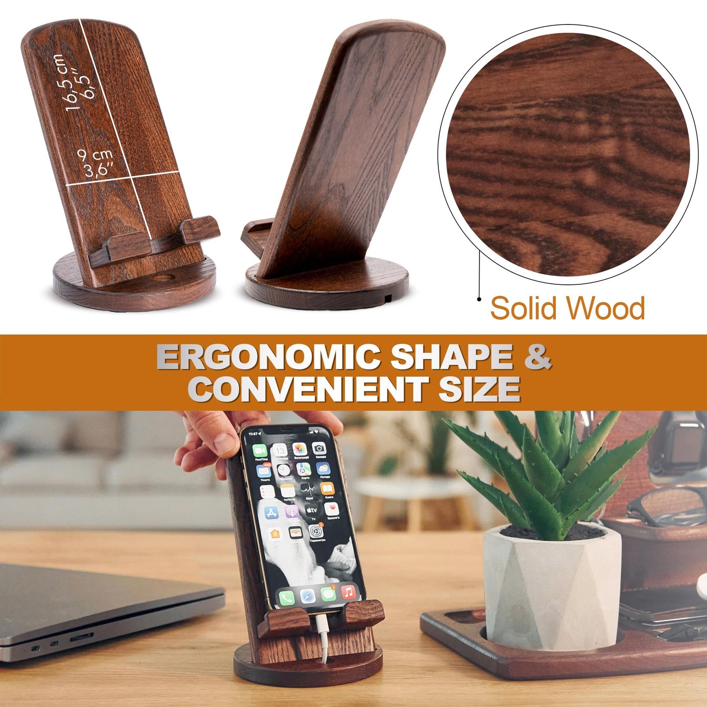 TESLYAR Wood Cell Phone Stand - Elegant Phone Holder for Nightstand & Desk | Portable Office Gift for Men, Dad & Husband | Compatible with iPhone