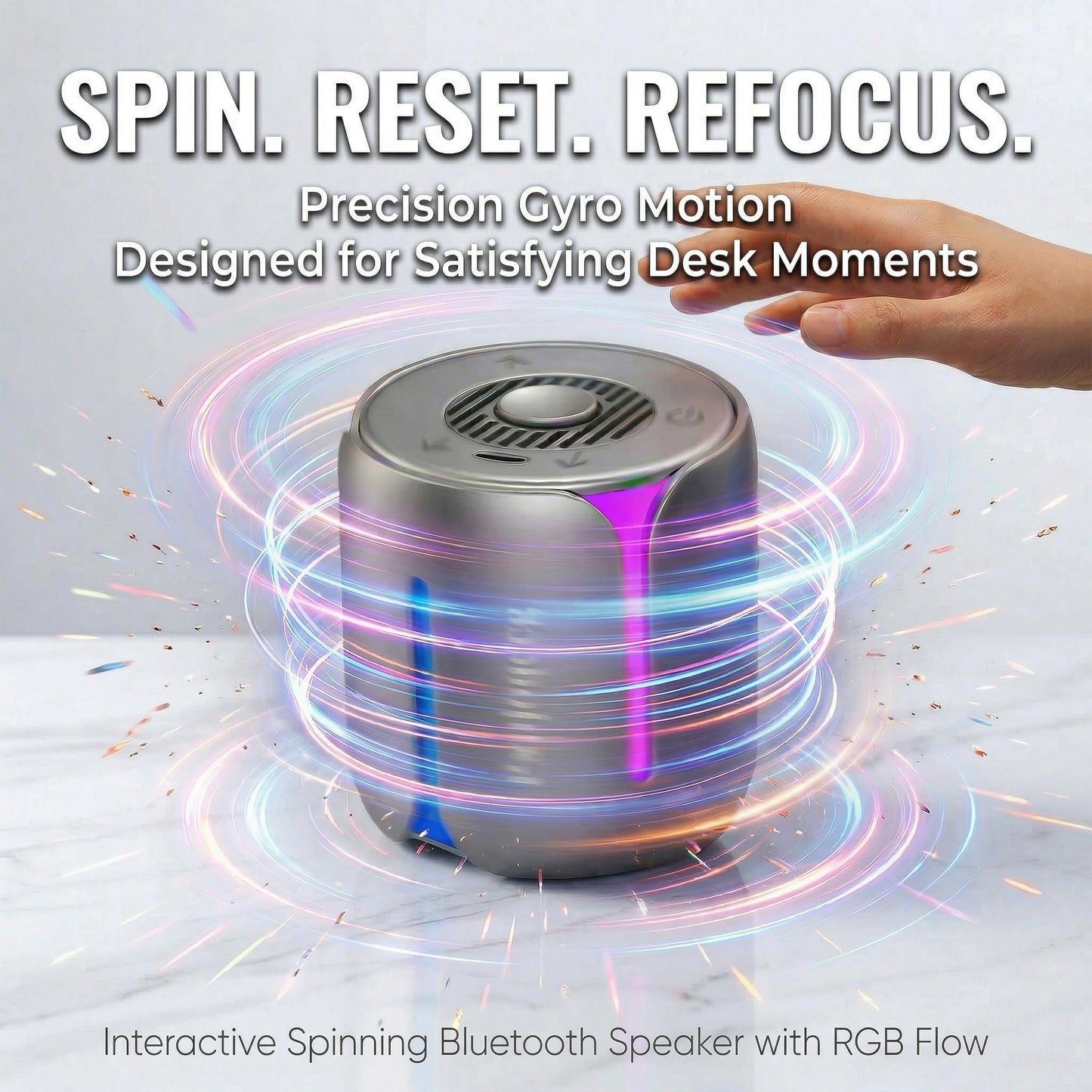 Interactive Spinning Bluetooth Speaker with RGB Light - Metal Fingertip Gyro Desk Gadget, Portable LED Night Light Speaker, USB-C Rechargeable Mini