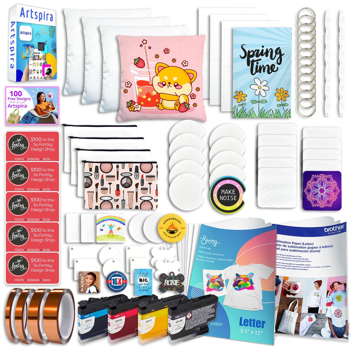 Brother SP-1 Sublimation Printer Bundle with PE900, Full Ink Set, 160 Sublimation Transfer Sheets, 50 Blanks, Tape and More