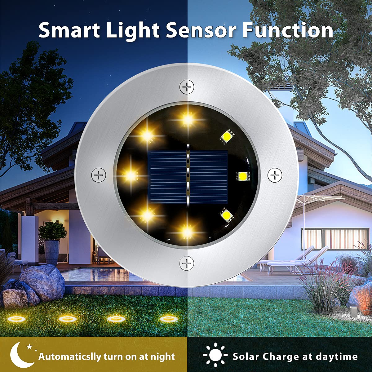 12 Pack 8LED Solar Garden Lights Outdoor Waterproof Sidewalk Disk Bright In-Ground Landscape Lighting for Lawn Patio Pathway Yard Steps Deck Walkway