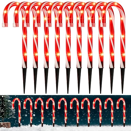Christmas Candy Cane Pathway Markers Lights, Candy Canes Lights Outdoor, 10 inch Set of 10 Pack Christmas Candy Cane Lights Decorations Yard Candy