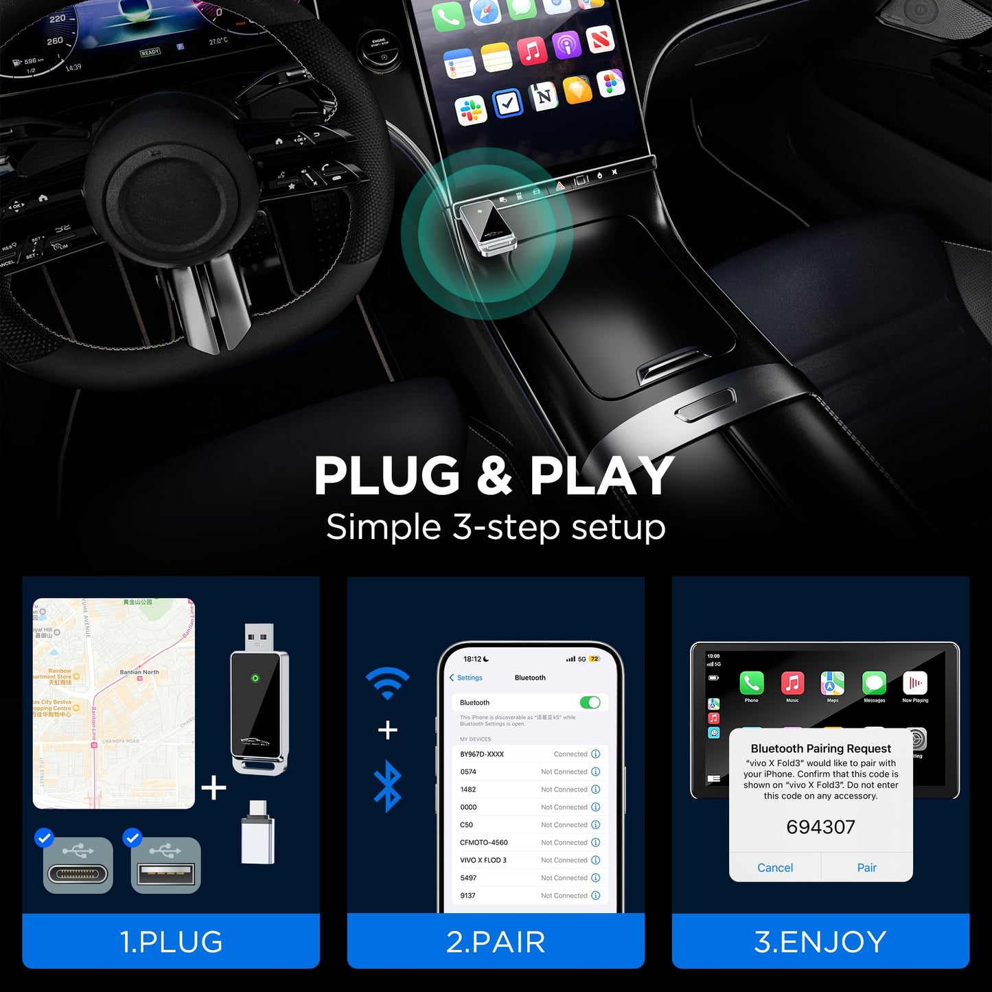 vnilrgle Wireless CarPlay Adapter 2024 Upgrade, Plug and Play, No Latency, Converts Factory Wired to Wireless, Compatible with iPhone 6+ and 2015+