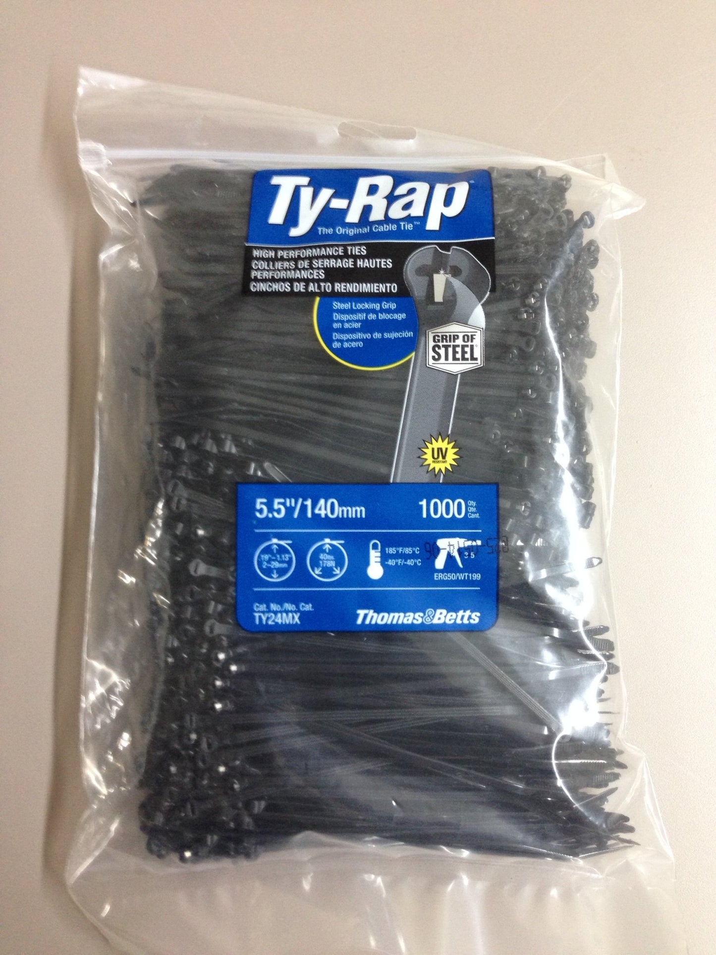 TY24MX Cable Tie 30lb 5.5" Ultraviolet Resistant Black Nylon with Stainless Steel Locking Device Bulk Pack, Military Specified (MIL-SPEC MS3367-5-0)