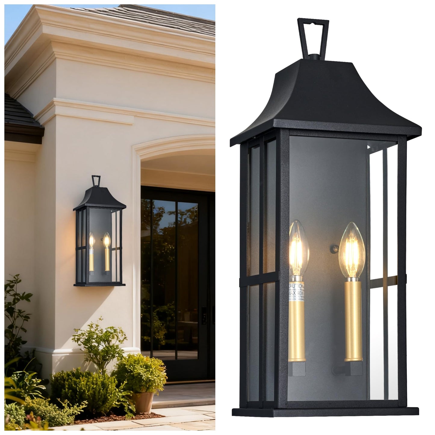 Outdoor Wall Sconce, 20.3" 2-Light in Black with Gold Rectangular Metal Frame and Clear Glass Shade Waterproof Porch Light Patio Light,Bulbs Not