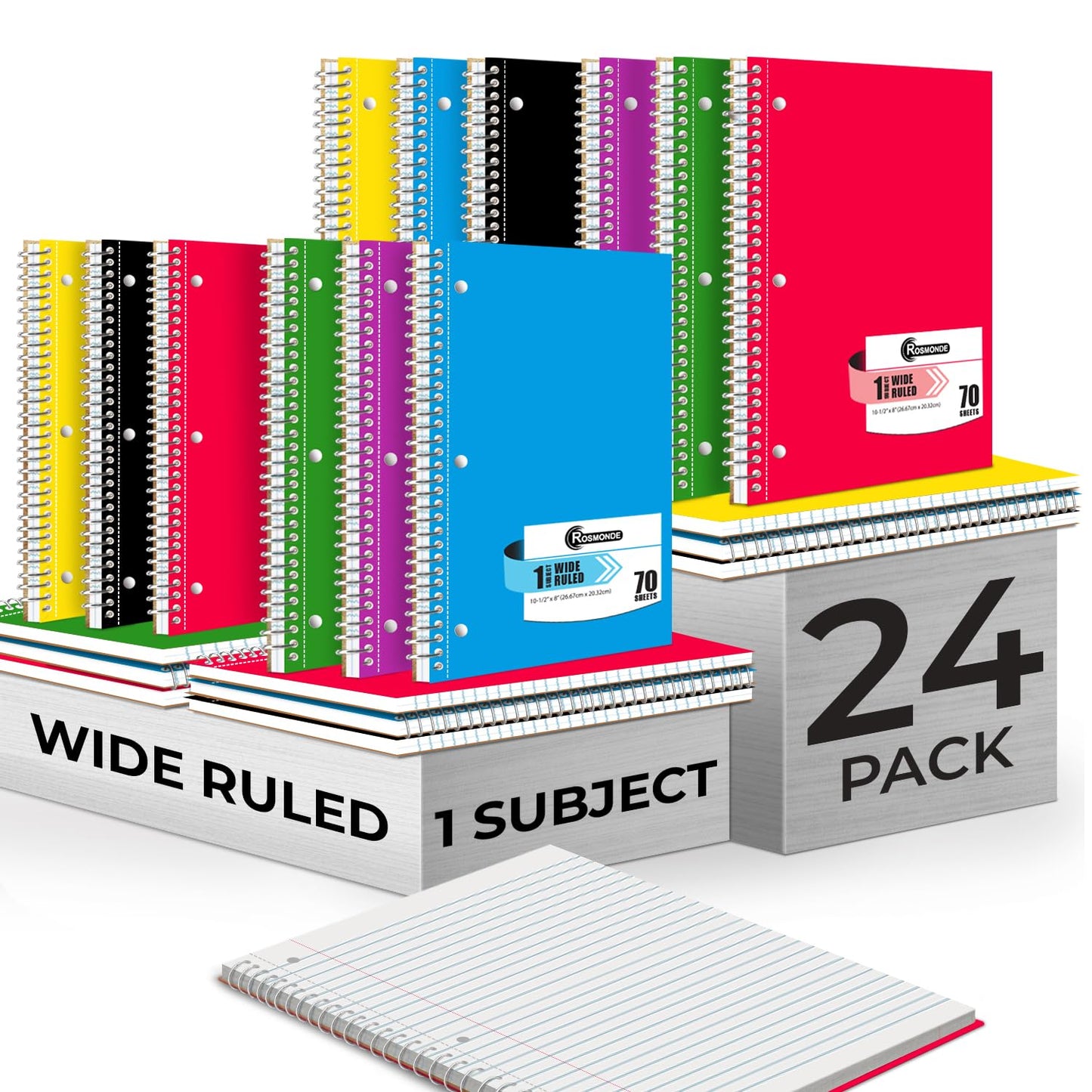 Rosmonde 3 Subject Spiral Notebook, 24 Pack, Wide Ruled, Water Resistant Cover, Thick 300 Pages (150 Sheets), 8 x 10-1/2, 3 Hole Punched, Colored