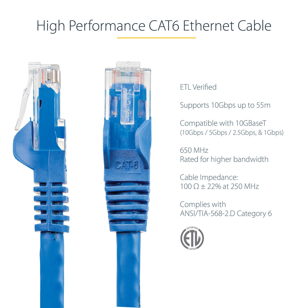 StarTech.com 6 ft. CAT6 Ethernet Cable - 10 Pack - ETL Verified - Blue CAT6 Patch Cord - Snagless RJ45 Connectors - 24 AWG Copper Wire - UTP Ethernet