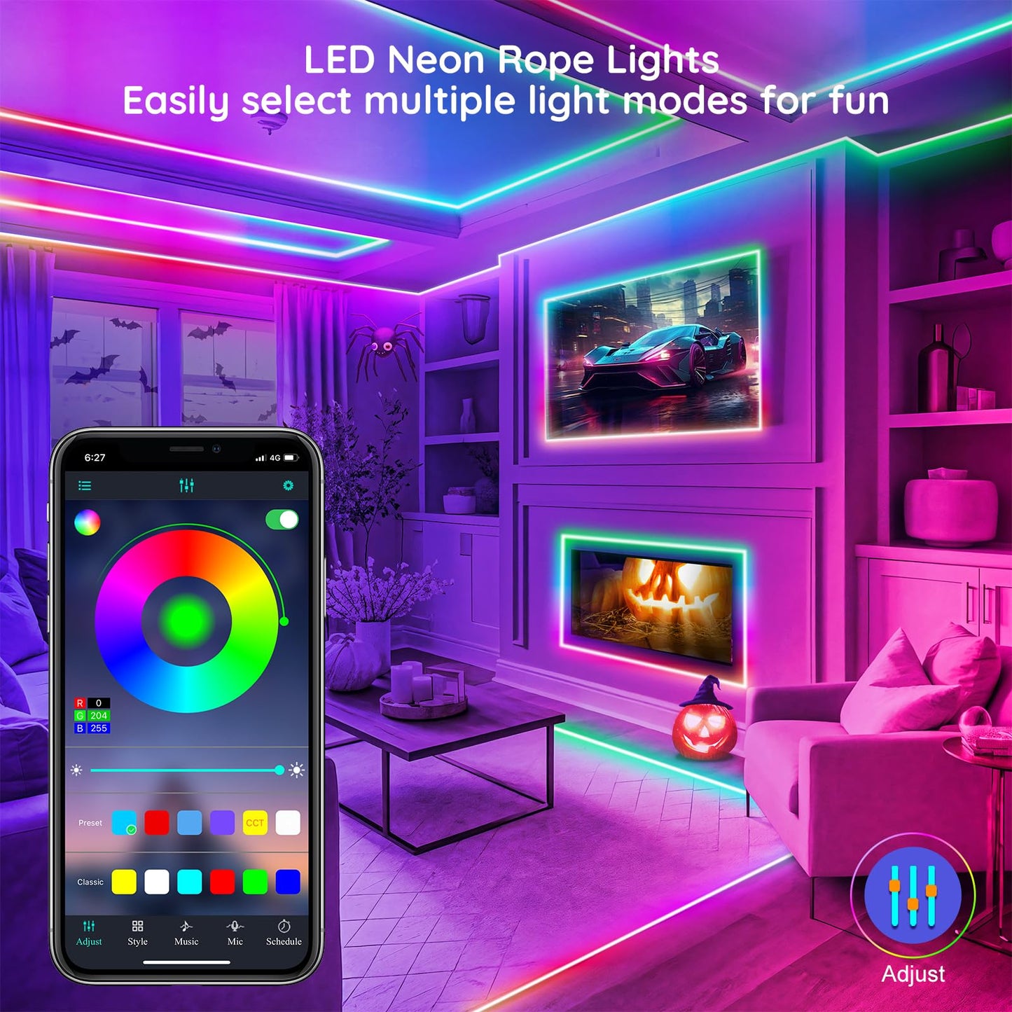 FBZ 200Ft Led Rope Lights, Flexible Neon Lights Control with App/Remote, Multiple Modes, IP65 Outdoor RGB Waterproof, Music Sync Gaming Light Strip