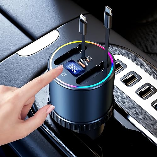 DICMKY Retractable Car Charger USB Hub with RGB Light, 4 Port Car Charging Station Cigarette Lighter Adapter, Travel Essentials Car Accessories