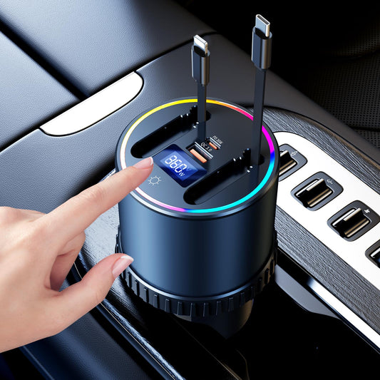 DICMKY Retractable Car Charger USB Hub with RGB Light, 4 Port Car Charging Station Cigarette Lighter Adapter, Travel Essentials Car Accessories