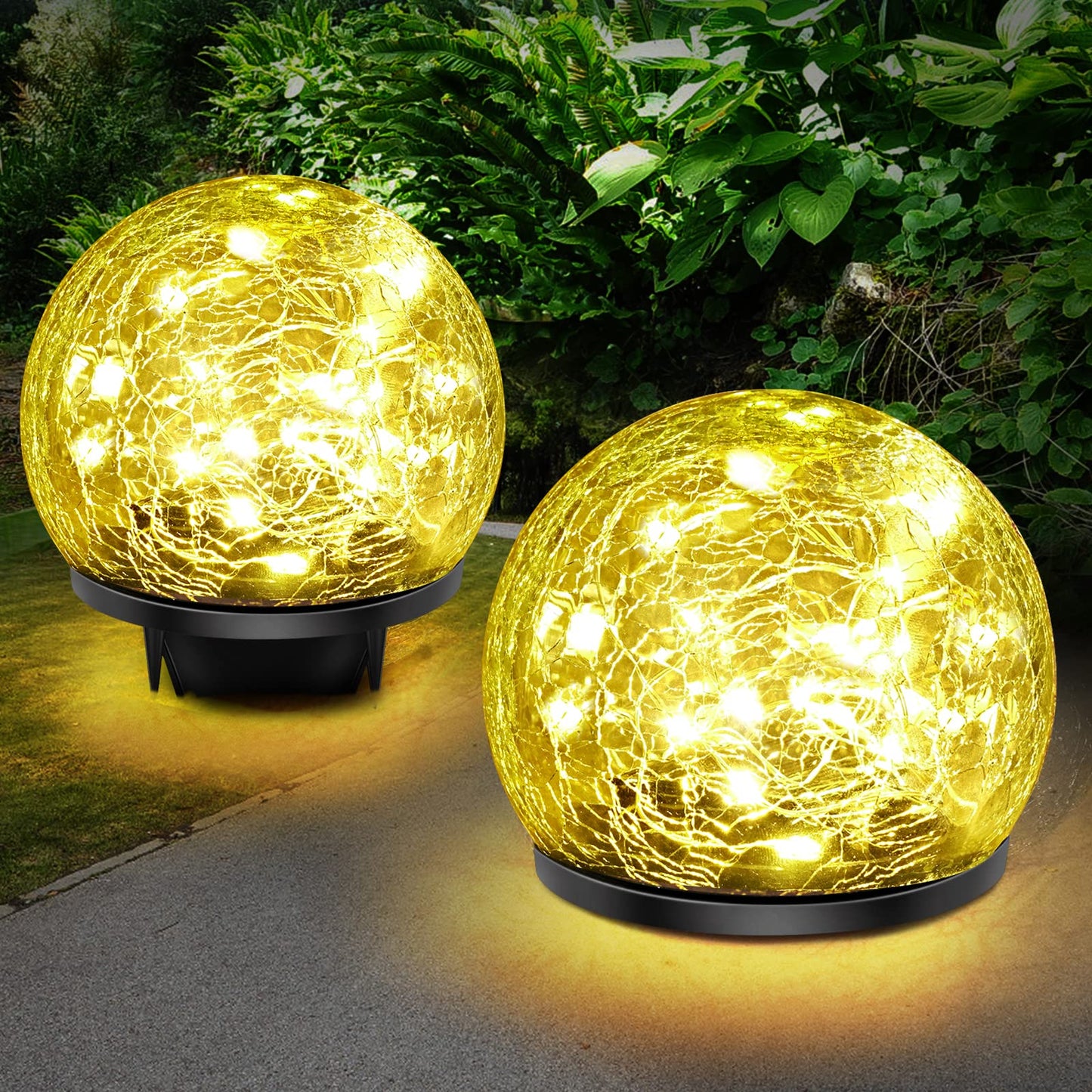 Keevvon 2 Pack 60 LED Solar Garden Lights Outdoor Decoration, Cracked Glass Solar Globe Lights, Upgraded Waterproof Warm White Ball Lights for Yard