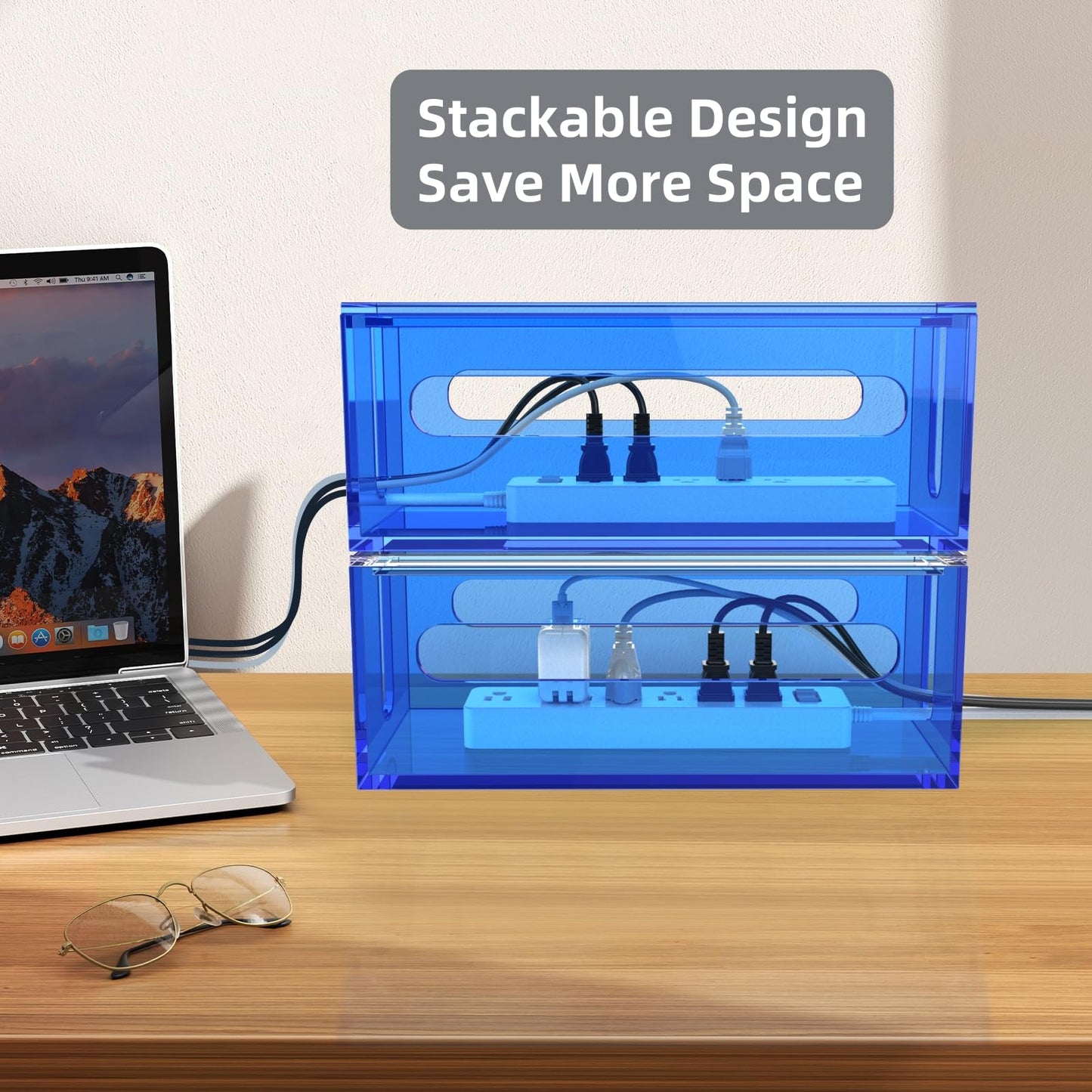 Cable Management Box Acrylic Cord Organizer Box Power Strip Storage Box to Hide Wires, Blue