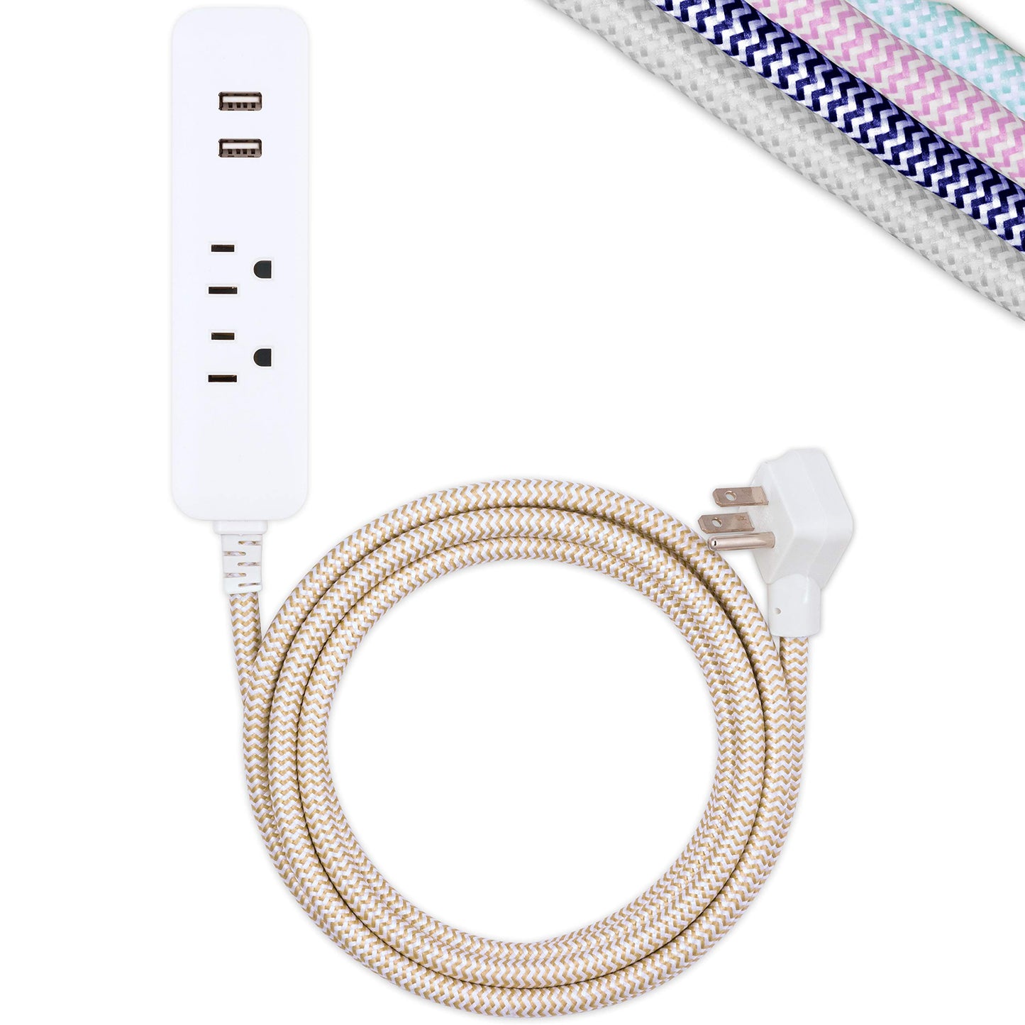 Cordinate Designer 2-Outlet Power Strip with 2 USB Ports, 10 Ft Braided Extension Cord, 2.4A Fast Charge, Surge Protection, Low-Profile Flat Plug, UL