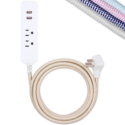 Cordinate Designer 2-Outlet Power Strip with 2 USB Ports, 10 Ft Braided Extension Cord, 2.4A Fast Charge, Surge Protection, Low-Profile Flat Plug, UL