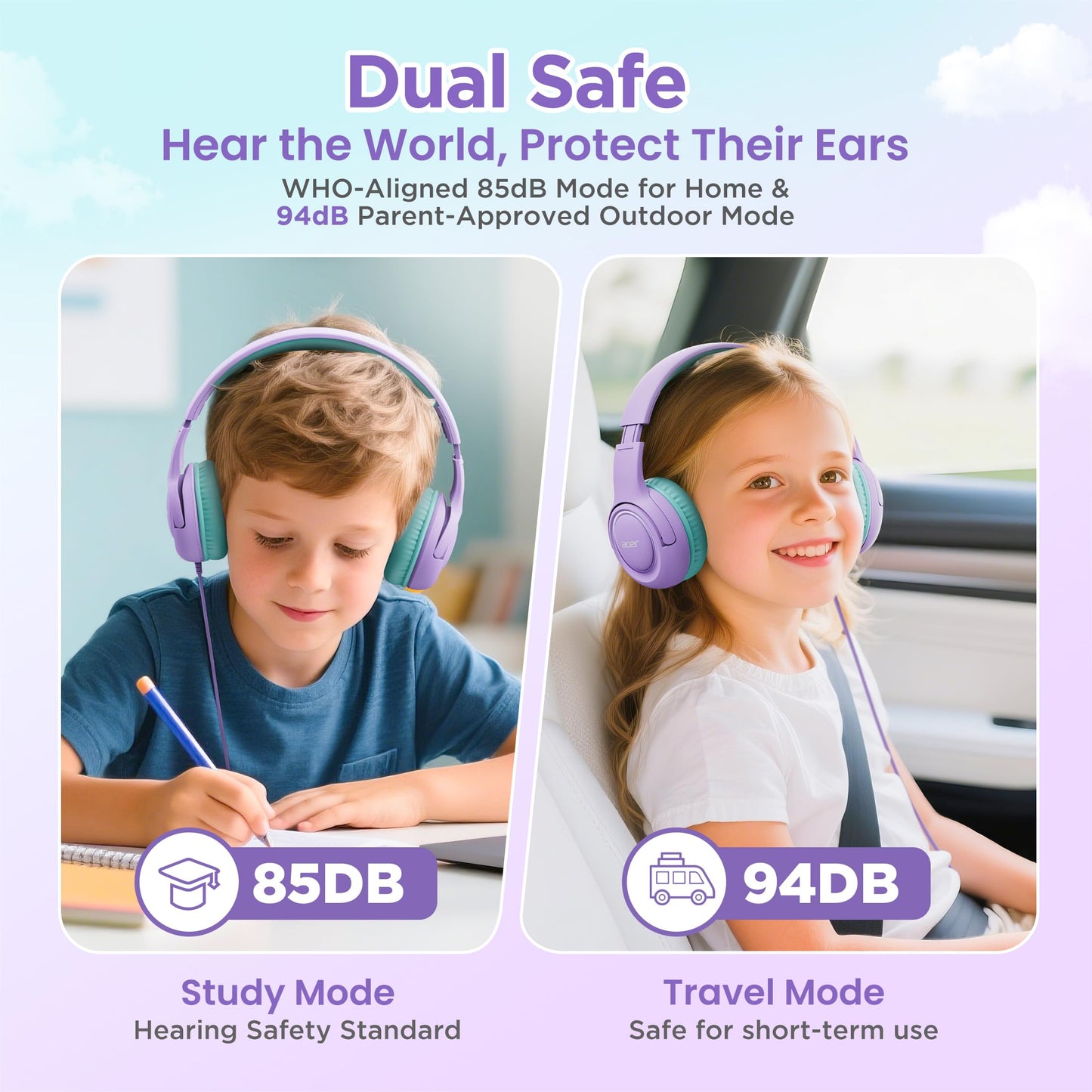 Acer Kids Headphones for School, USB-C-3.5mm Dongle, w/Mic HK03
