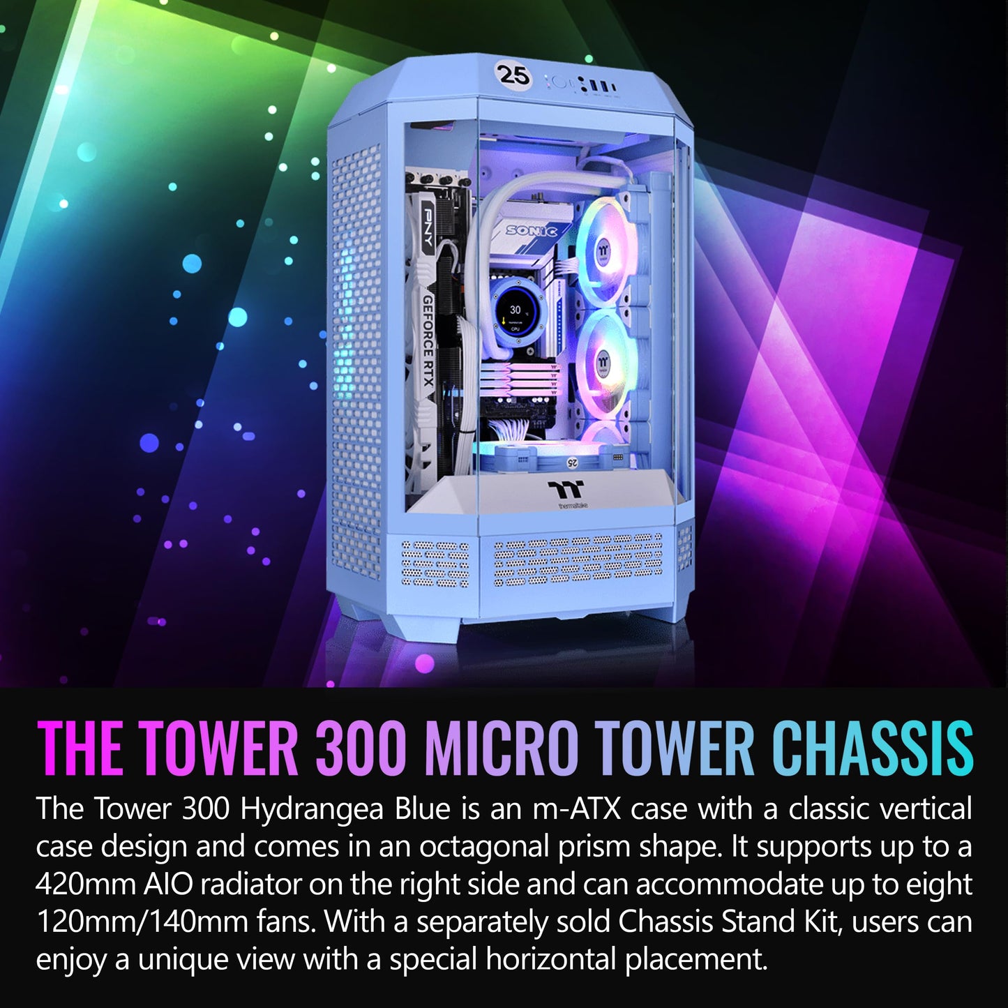 Thermaltake Tower 300 Hydrangea Blue Micro-ATX Case; 2x140mm CT Fan Included; Support Up to 420mm Radiator; Optional Chassis Stand Kit Allows