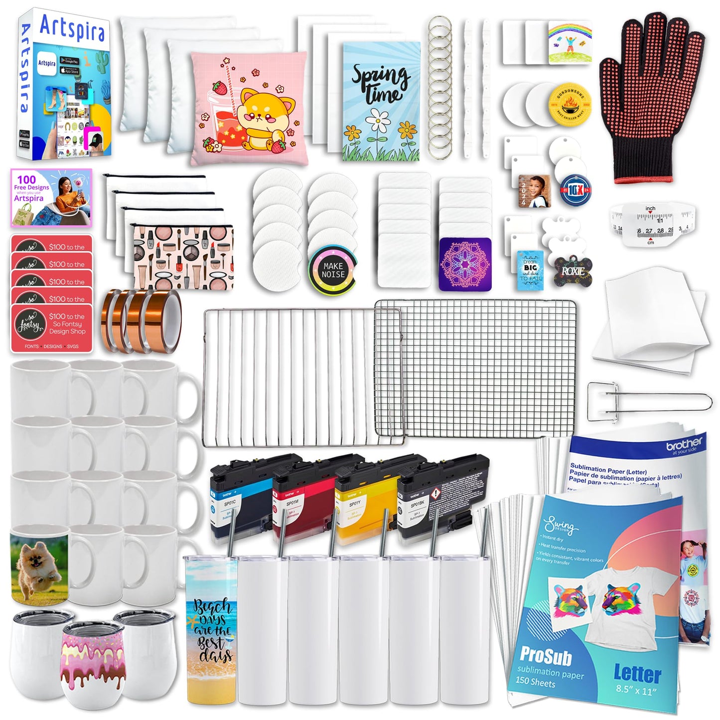 Brother SP-1 Sublimation Printer Bundle with Sublimation Oven, Full Ink Set, 160 Sublimation Transfer Sheets, Blanks, Tape and More