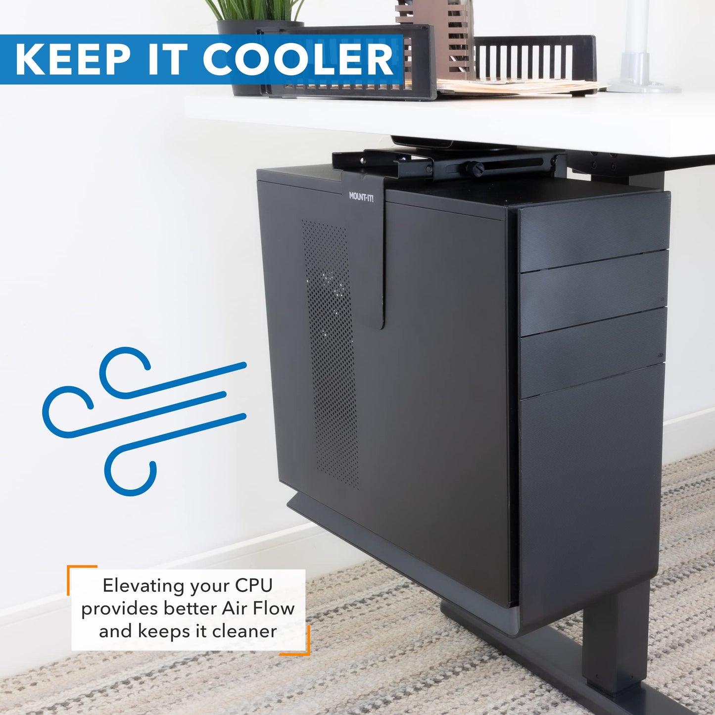 Mount-It! CPU Under Desk Mount Bracket - Computer Tower Wall and Under Counter Holder, 360 Degree Swivel Adjustable Height and Width Wall-Mountable