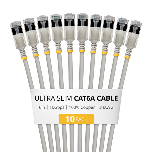 StarTech 6in Gray Ultra Slim Cat6A Ethernet Cable, 10 Pack, Snagless, FTP, Pure Bare Copper Wire, 34AWG Ultra Slim RJ45 Network Patch Cord