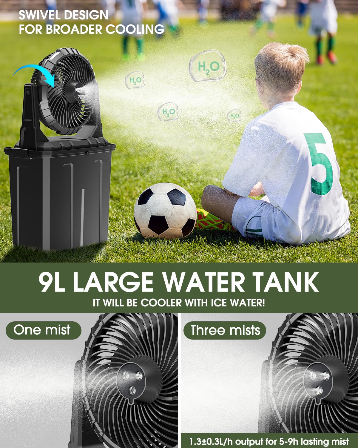 Ausic Portable Misting Fan, 9L 10-inch Outdoor Mist Fans for Outside Patios Cooling, 30000mAh Rechargeable Battery Fan with Water Box, 3 Strong Winds